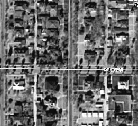 Aerial view of 2nd Avenue and McKinley Street in 1930, with houses on the corner lot
