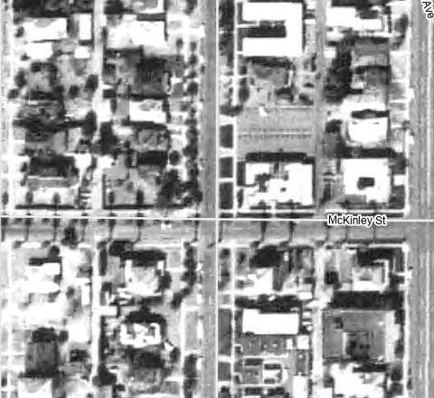 1959 aerial, houses intact with first parking lots