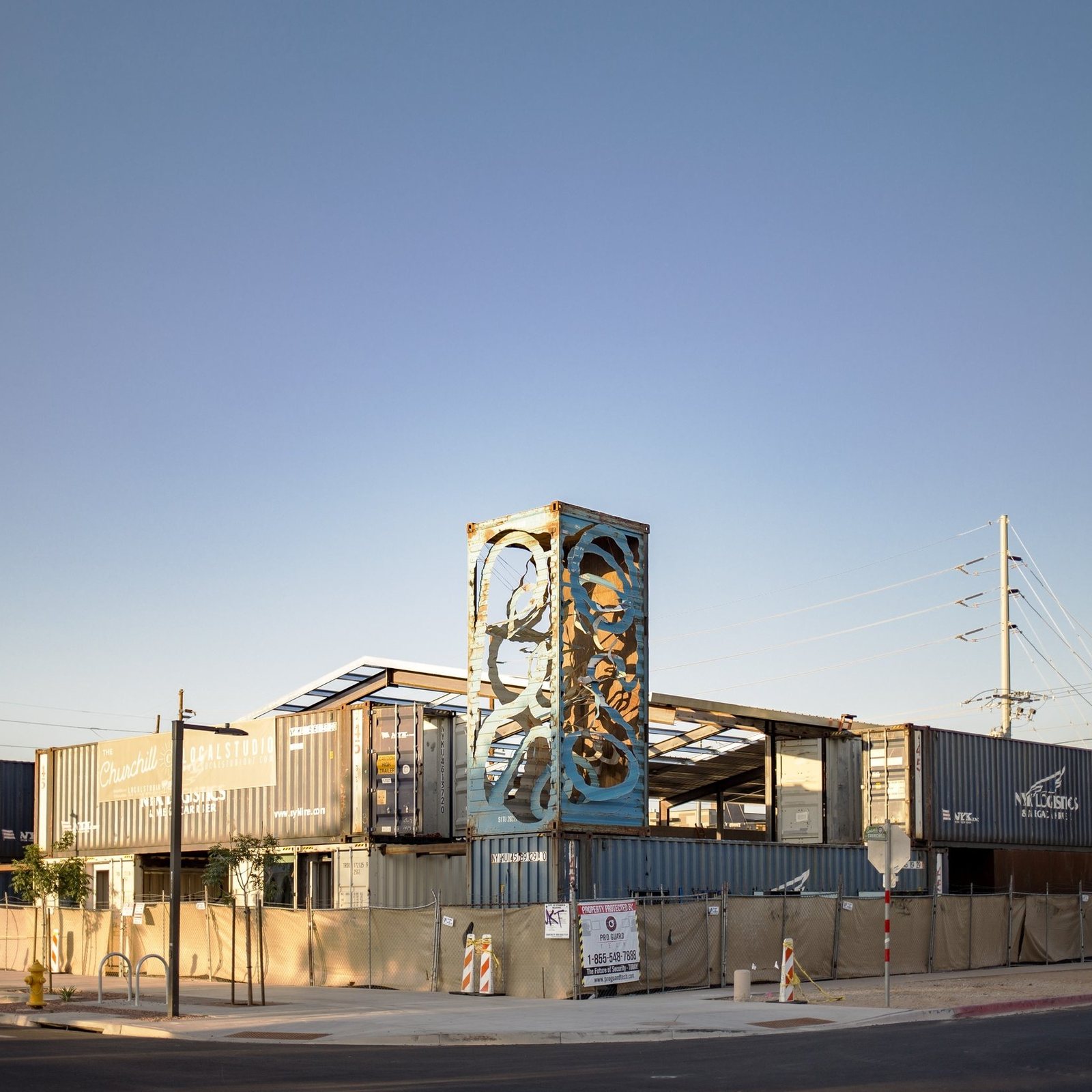 Peter Deise's vertical shipping-container sculpture at The Churchill