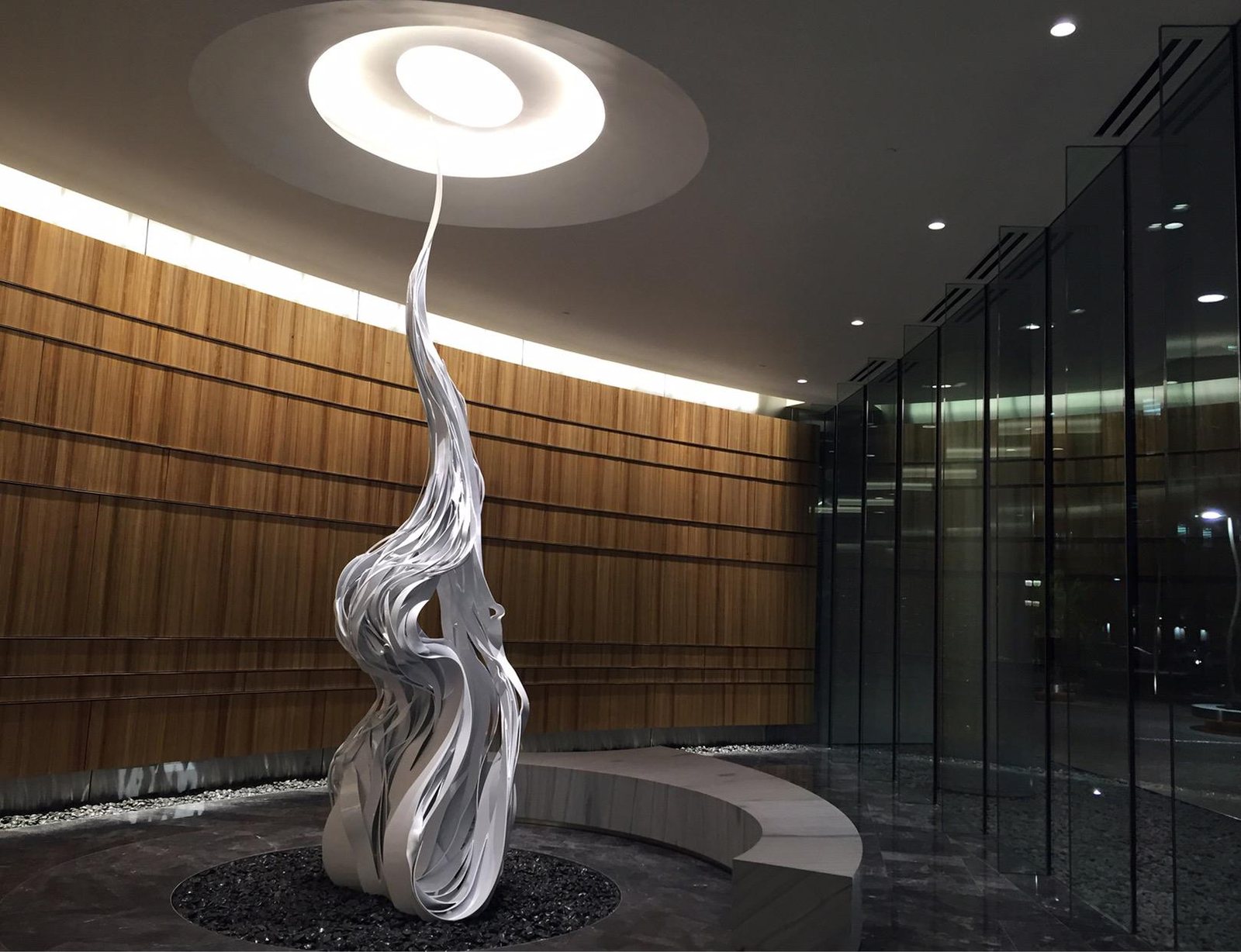 A Peter Deise steel sculpture in a building lobby