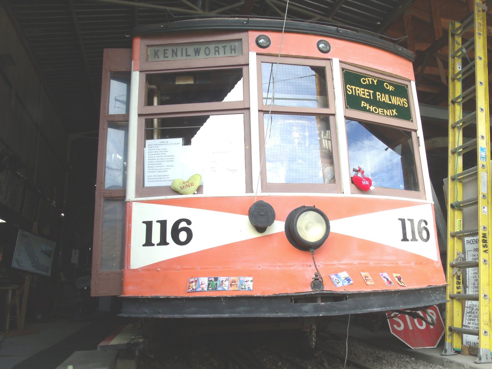 Restored Phoenix streetcar No. 116, with a Kenilworth destination sign, at the Phoenix Trolley Museum